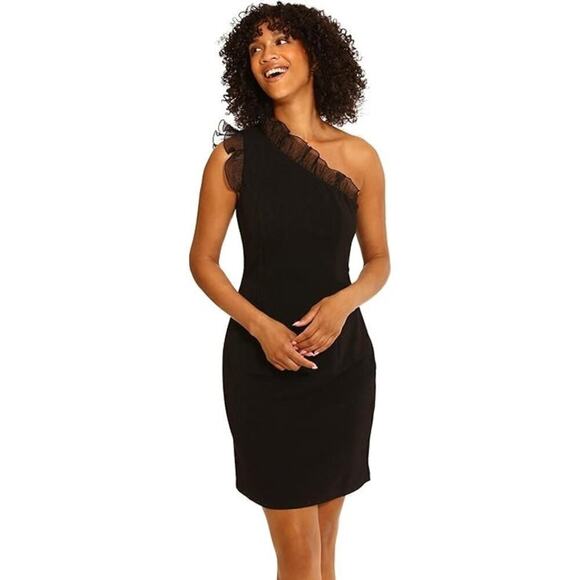 NEW Nordstrom x Maggie London Ruffle One-Shoulder Minidress Sheer Ruffles Sz 14 - Picture 2 of 9